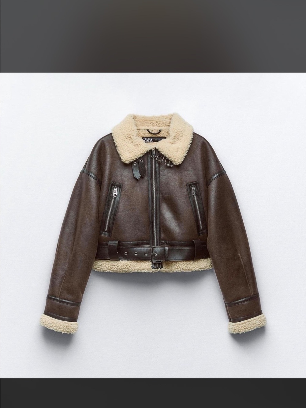 ZARA Dark Brown Leather Aviator Jacket with Cream Shearling